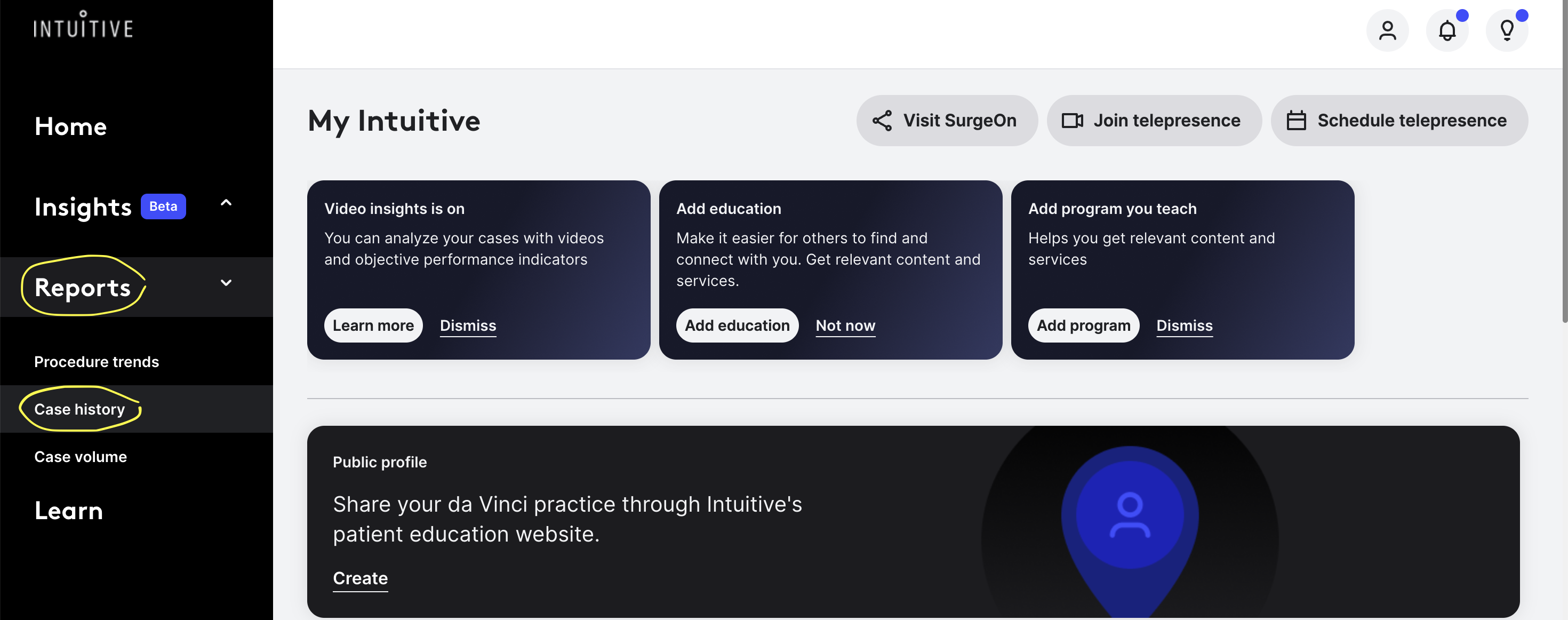 Screenshot showing Reports and Case History navigation