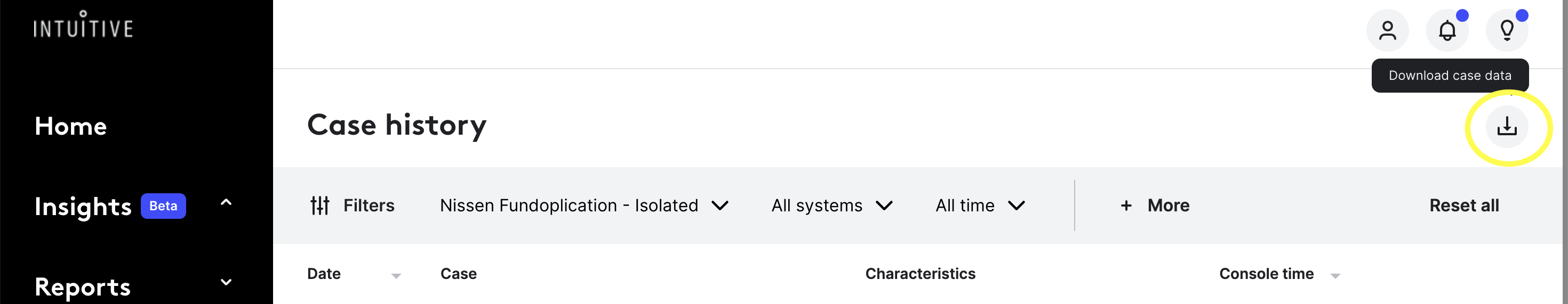 Screenshot showing Download case data button