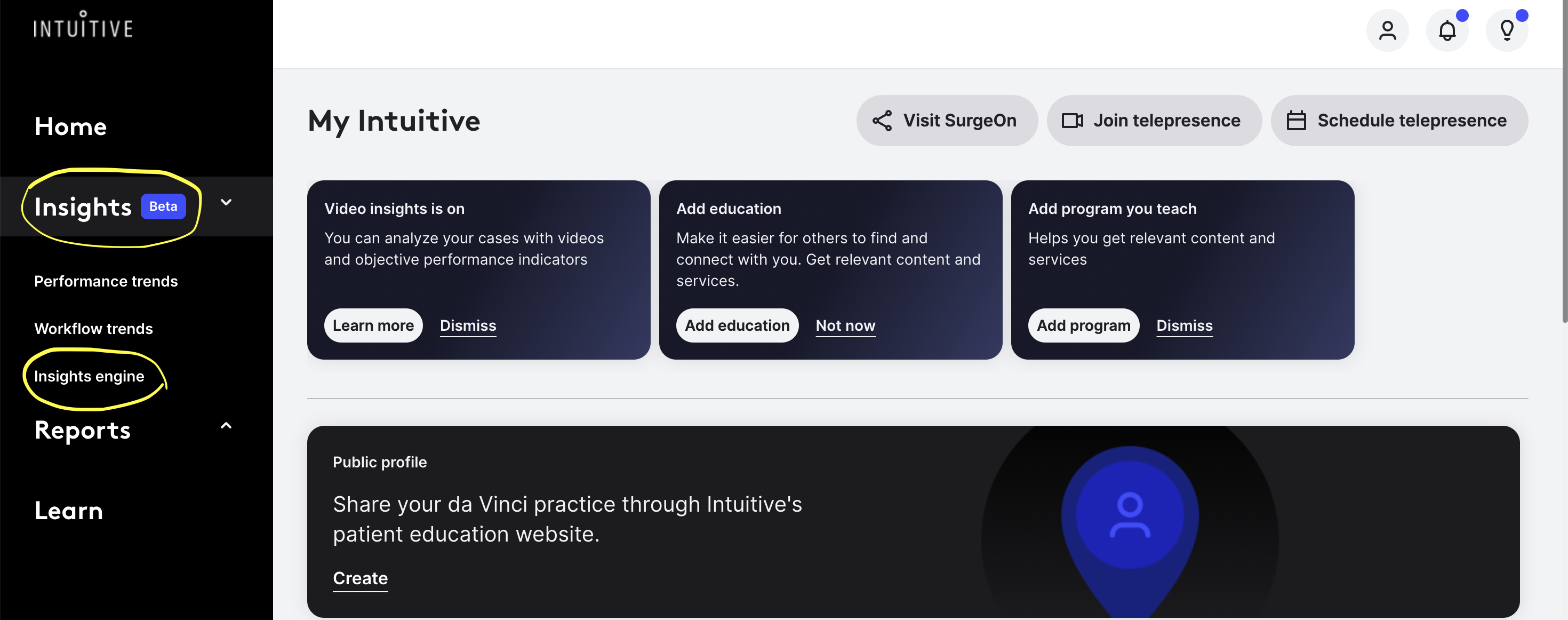 Screenshot showing Insights Engine in left menu
